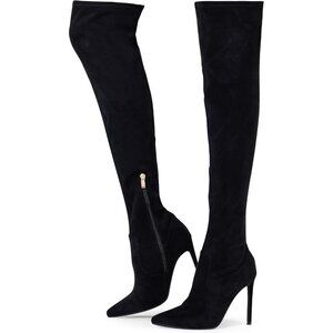 Women Black Suede Pointed Toe 4.3 inch Stilettos Thigh High Heels Stretch Boots